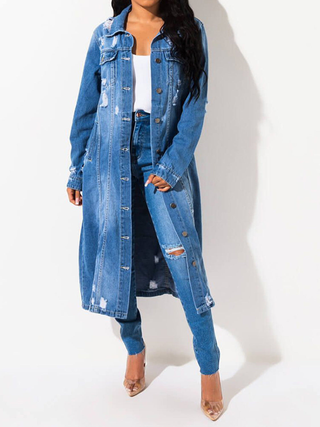 Long Sleeve Raw Hem Denim Jacket - felvior