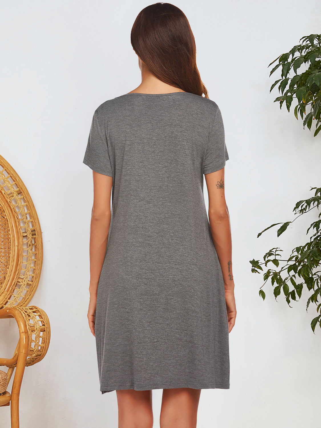 Notched Short Sleeve Mini Lounge Dress - felvior