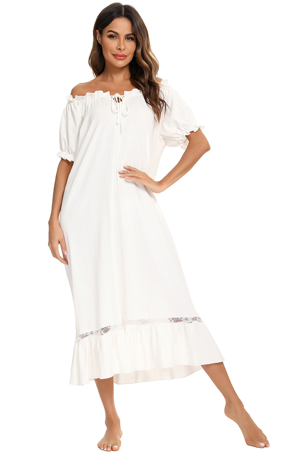 Lace Detail Short Sleeve Lounge Dress - felvior