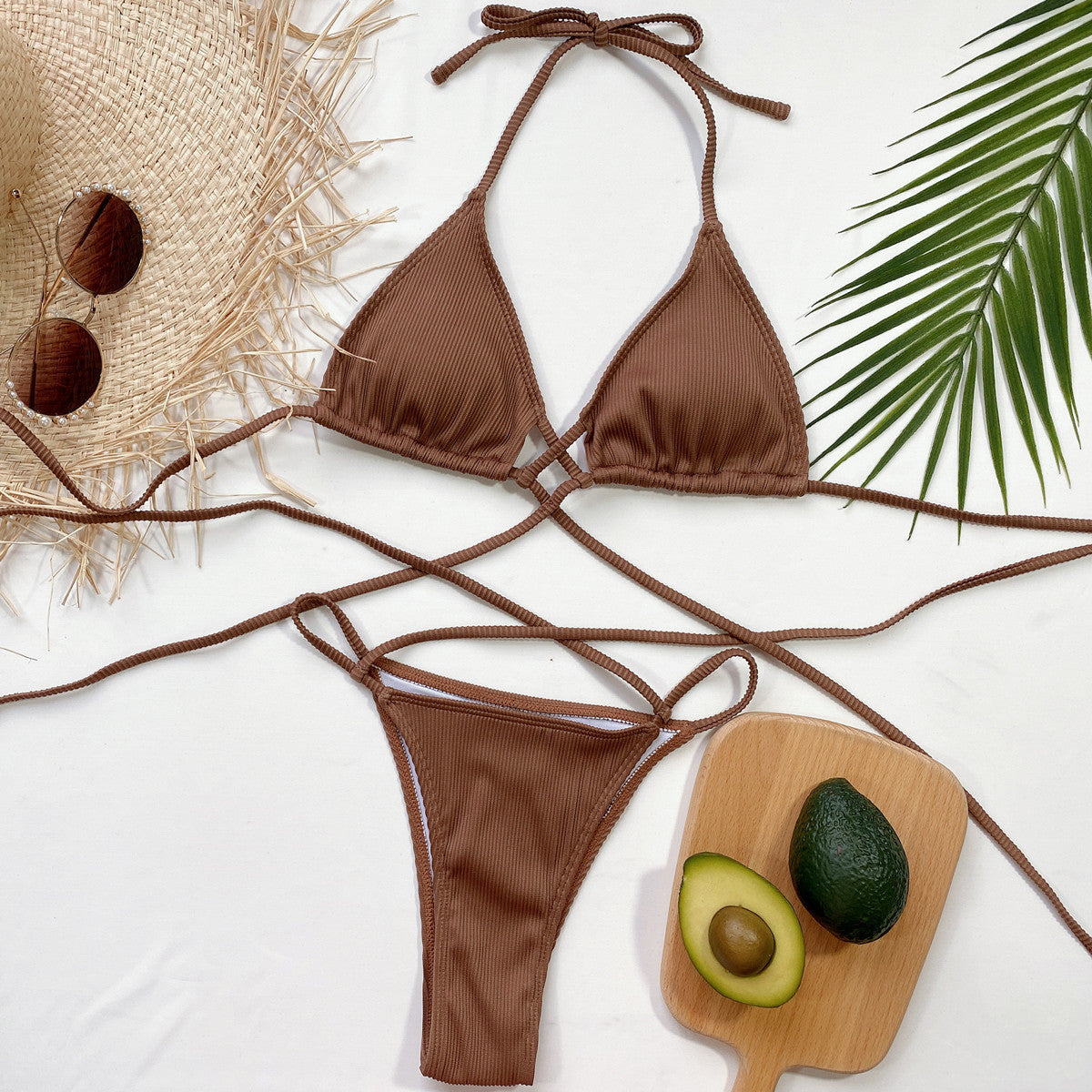 Halter Neck Crisscross Ribbed Bikini Set - felvior
