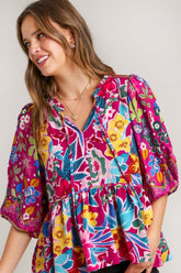 Umgee Full Size Floral Print Tie Neck Peplum Blouse Plus Size