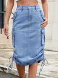 Drawstring Denim Skirt with Cargo Pockets