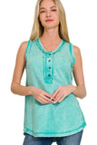 Zenana Washed Half-Button Raw Edge Sleeveless Henley Top