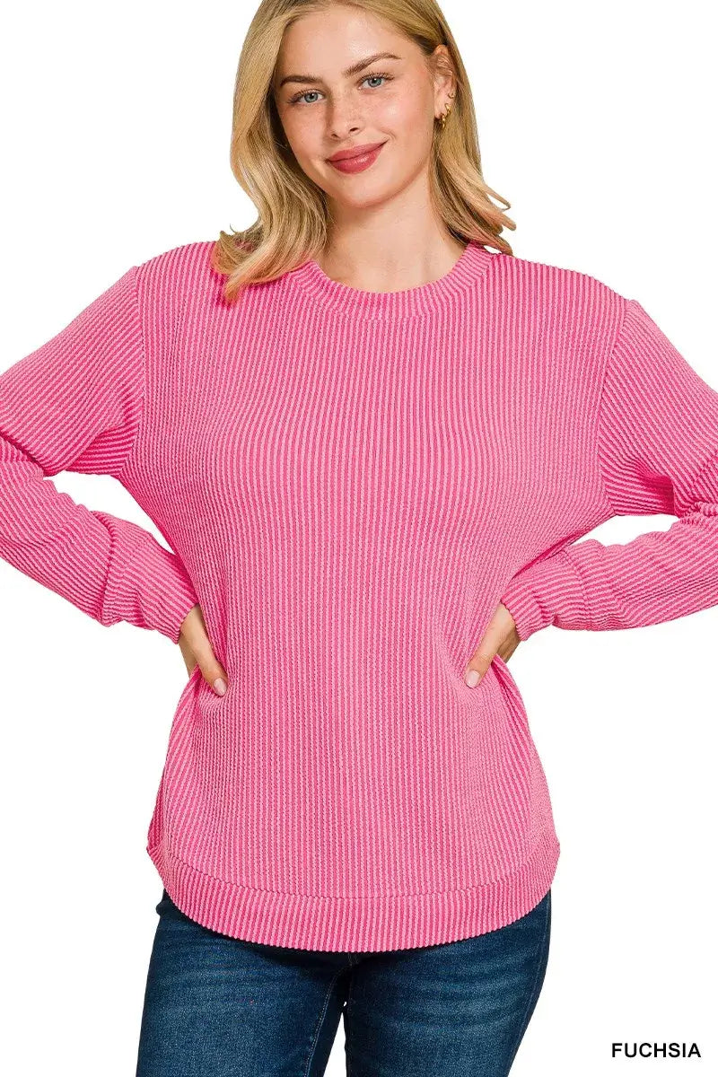 Zenana Full Size Raised Rib Round Neck Long Sleeve Top Plus Size