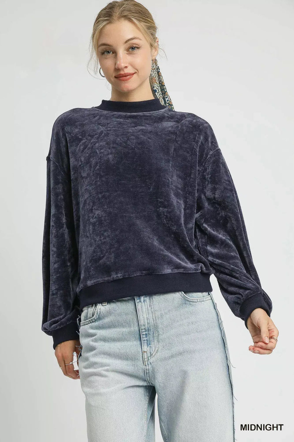 Umgee Velour Crewneck Balloon Sleeve Sweatshirt