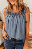 Ruffled Shirred Denim Top