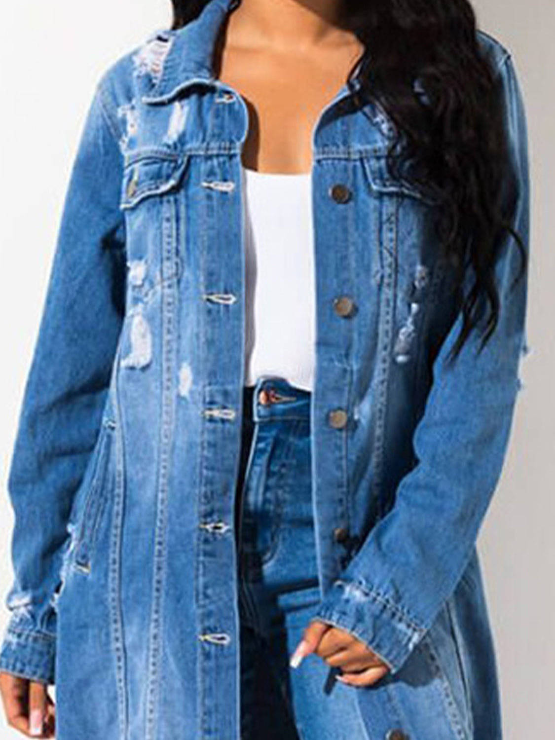 Long Sleeve Raw Hem Denim Jacket - felvior