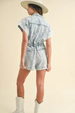 Annie Wear Elastic Waistband Short Sleeve Denim Romper