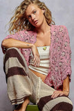 POL Openwork V-Neck Chenille Cardigan with Contrast Floral