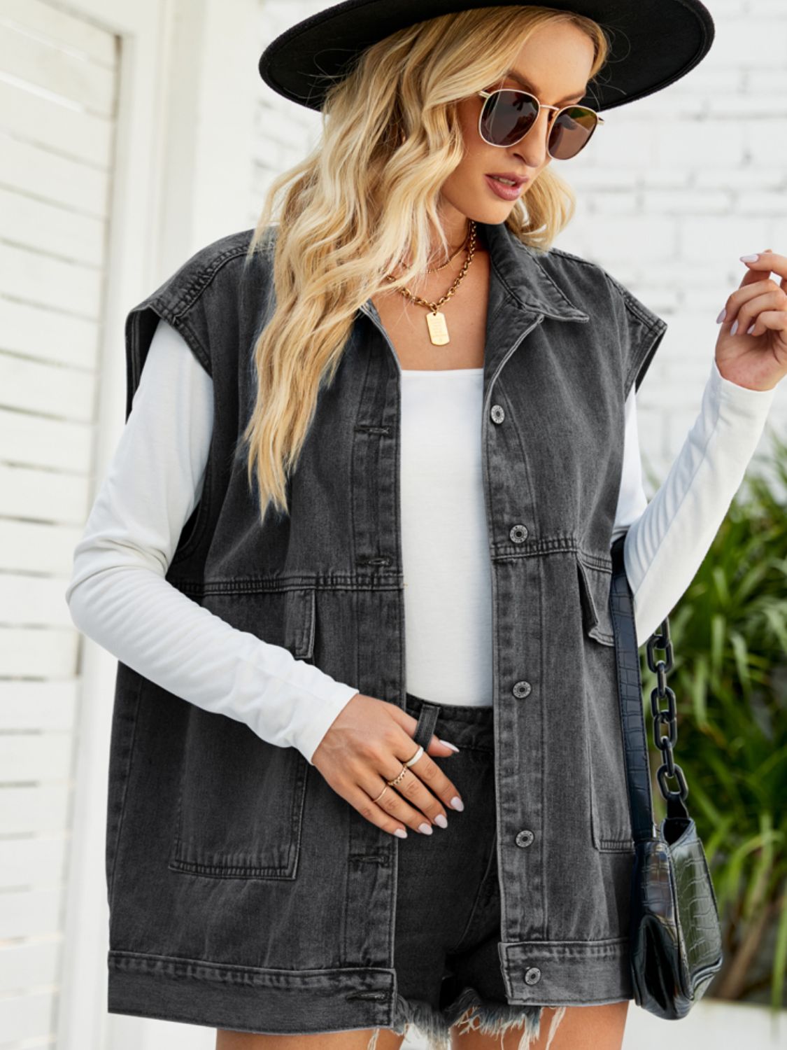 Collared Neck Sleeveless Denim Top with Pockets - felvior