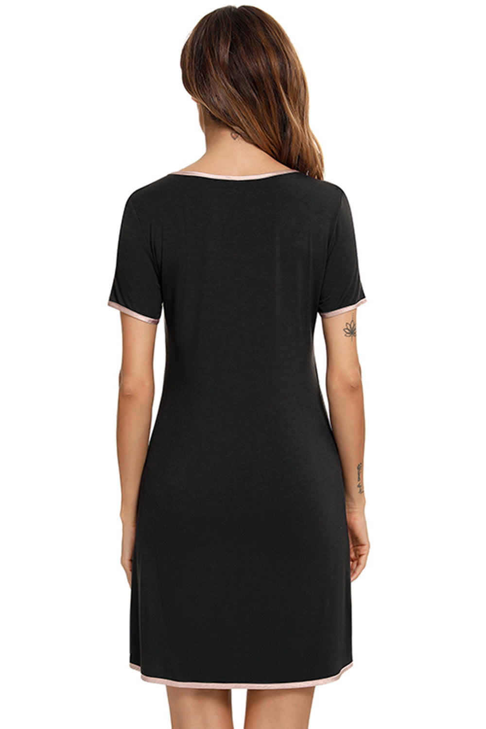 Contrast Trim Pocketed Round Neck Lounge Dress - felvior