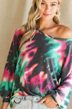 BiBi Tie Dye Print Terry Top with Puff Sleeves