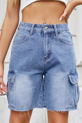 Raw Hem Washed Denim Shorts with Cargo Pockets