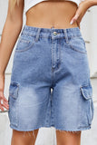 Raw Hem Washed Denim Shorts with Cargo Pockets