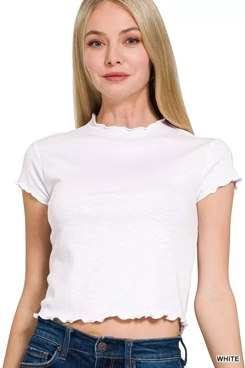 Zenana Cotton Modal Slub Lettuce Trimmed Cropped T-Shirt