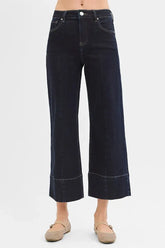 RISEN Tummy Control High Rise Crop Wide Seam Detailed Jeans