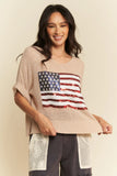 Davi & Dani Sequin American Flag Patch Short Sleeve Knit Top