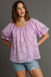 Umgee Full Size Jacquard Round Neck Ruffled Puff Sleeve Blouse Plus Size