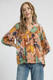 Umgee Multicolor Abstract Floral Print Blouse with Ruffle Neck