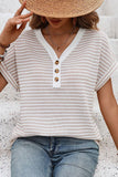 Stripe Buttoned Front V Neck T Shirt
