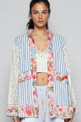 POL Lace Long Sleeve Striped Cardigan with Floral Patchwork Detail
