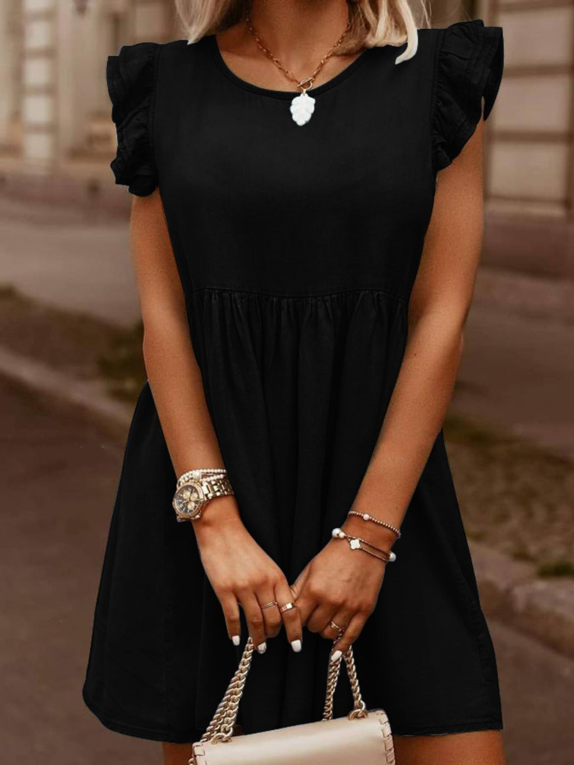 Full Size Ruffled Round Neck Cap Sleeve Denim Dress - felvior