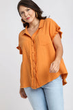 Umgee Full Size Frayed Hem Collared Neck Short Sleeve Shirt Plus Size - felvior