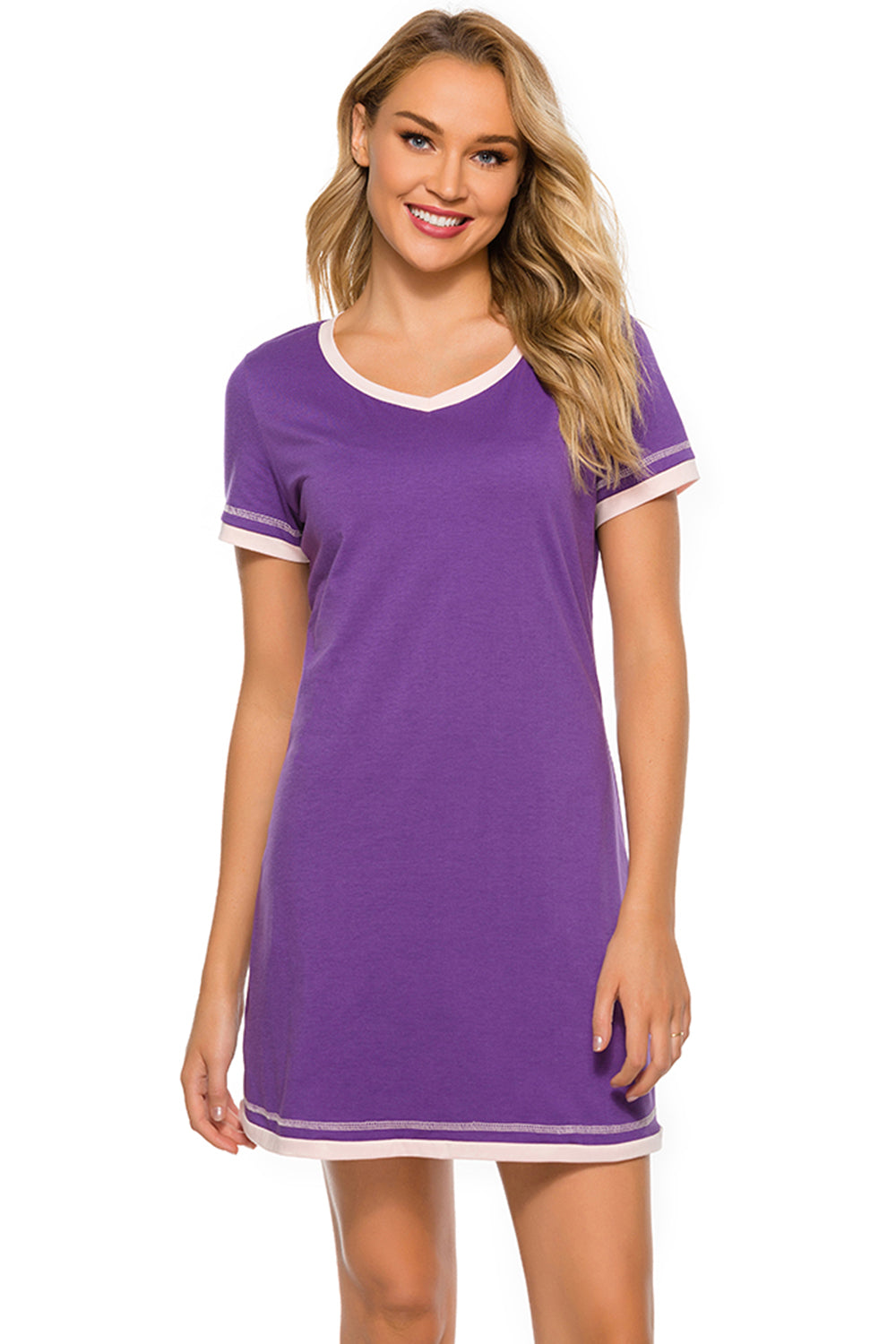 Contrast Trim Short Sleeve Lounge Dress - felvior