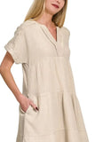 Zenana Washed Double Gauze Raw Edge V-neck Dress
