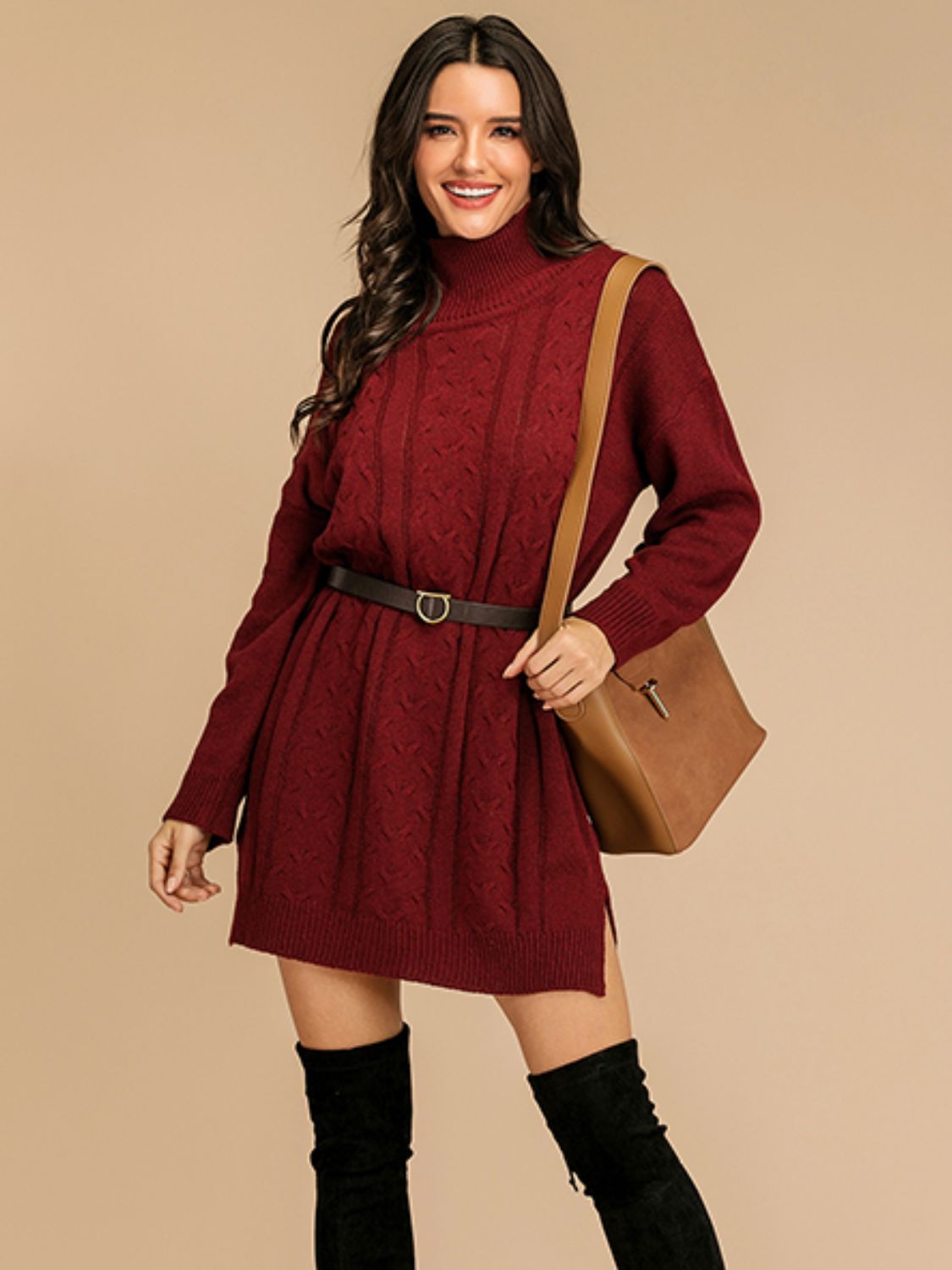 Perfee Slit Turtleneck Long Sleeve Mini Sweater Dress - felvior