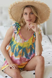 BiBi Circular Tie Dye Knit V Neck Top With Ruffle