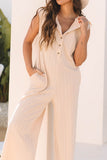 Textured Button Front Wide Leg Cap Sleeve Jumpsuit