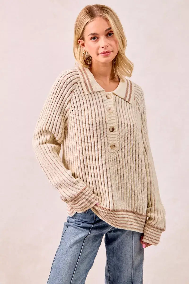 BiBi Half Button Ribbed Two Tone Sweater
