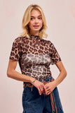 BiBi High Neck Leopard Mesh Short Sleeves Top