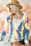 BiBi Tie Dye Deep V-Neck Top with Lace Up Front
