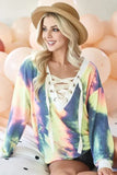 BiBi Tie Dye Deep V-Neck Top with Lace Up Front