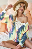 BiBi Tie Dye Deep V-Neck Top with Lace Up Front