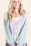 BiBi Tie Dye Terry Top with Wide Stripe Thermal Waffle