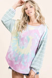 BiBi Tie Dye Terry Top with Wide Stripe Thermal Waffle