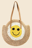 Fame Straw Braided Round Happy Face Tote Bag