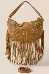 Fame Studded Pattern Multi Fringe Hobo Shoulder Bag