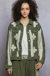 POL Button Down Raw Hem Jacket with Floral Patch