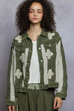 POL Button Down Raw Hem Jacket with Floral Patch