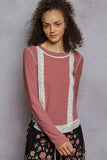 POL Contrast Round Neck Long Sleeve Ribbed Top with Eyelet Patch