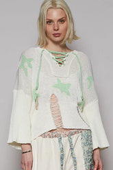 POL Distressed Lace-Up Star Pattern Hooded Hooded Sweater