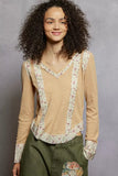 POL Floral Patch V-Neck Long Sleeve Ribbed Top