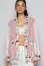 POL Lace Long Sleeve Striped Cardigan with Floral Patchwork Detail