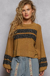 POL Print Patch Round Neck Balloon Sleeve Cropped Top