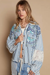 POL Printed Woven Mix Raw Hem Jacket with Lace Detail