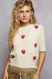 POL Round Neck Strawberry Patch Sweater with Shirring Shoulder